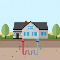 graphic of cross-section view of geothermal system beneath house