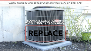 air conditioner outside with the text "repair or replace?" over it