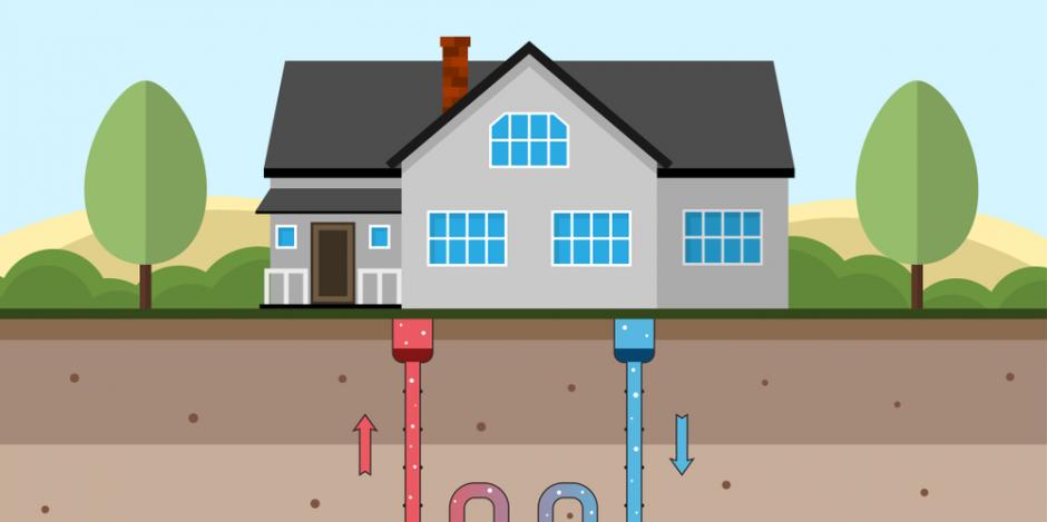 graphic of cross-section view of geothermal system beneath house