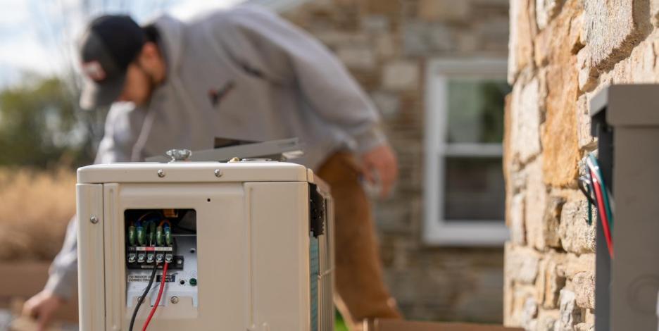 outdoor heat pump condenser hooked up to the side of a house