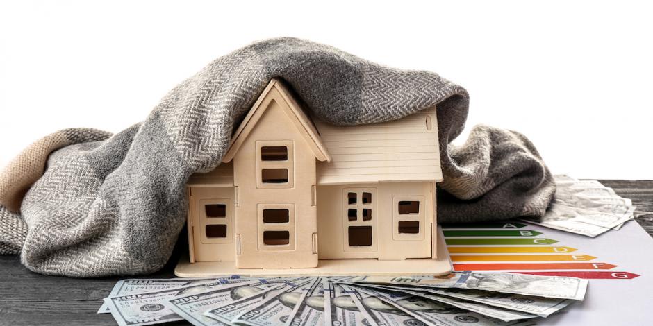 house model with scarf, money, and energy efficiency report